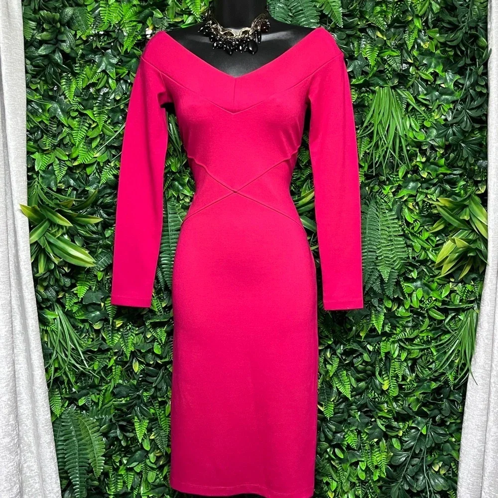 Karen Millen Dress US 6 Fuchsia Red Off Shoulder V-Neck Bodycon Midi 3853 - Picture 2 of 9